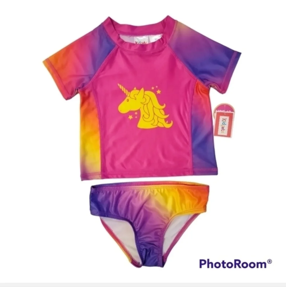 Toddler Girl Swimsuit Unicorn Pink Rashguard Set Swimwear 2‎ Piece